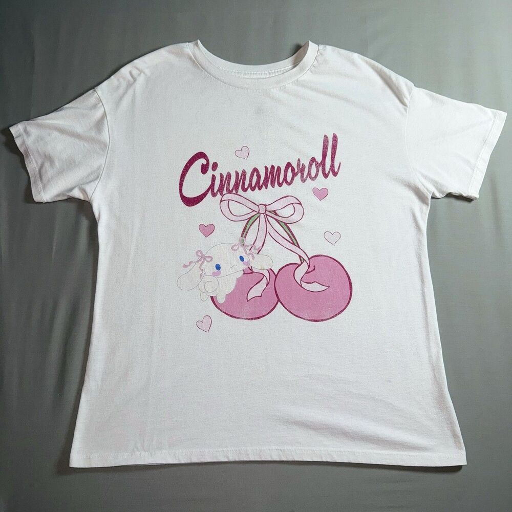 Sanrio Cinnamoroll White T-Shirt with Pink Cherry Graphic. Size L